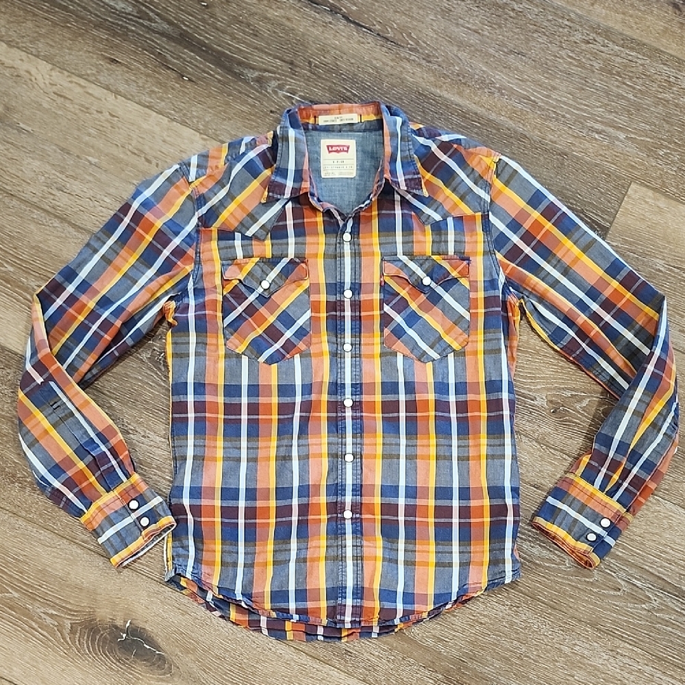 Levi's Men's Colorful Orange Blue Western 100% Cotton Pearl Snap Plaid Shirt Sml